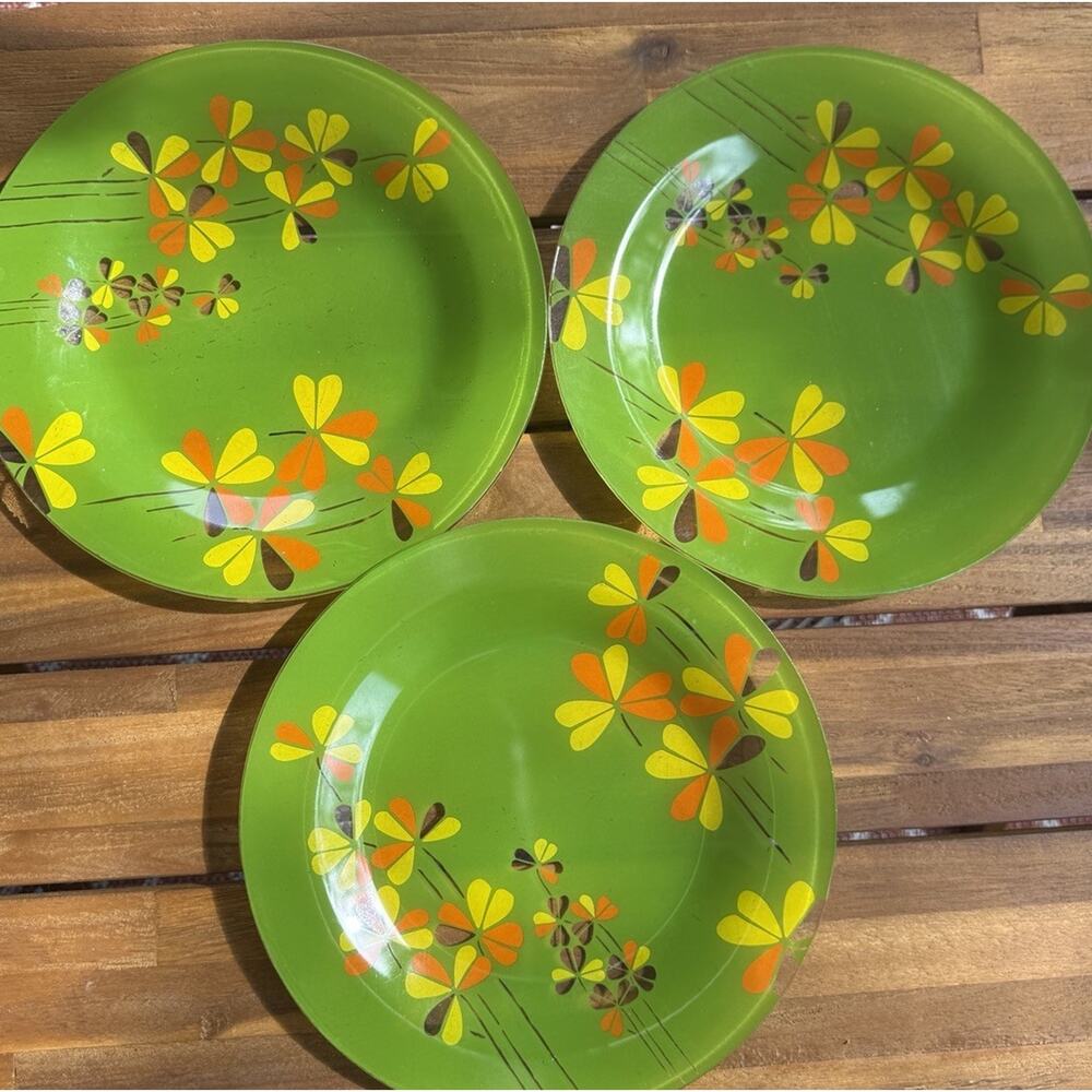 Luminarc 3 Dinner Plates Green Pop Flower Tempered Glass Tableware Floral 9.75”
